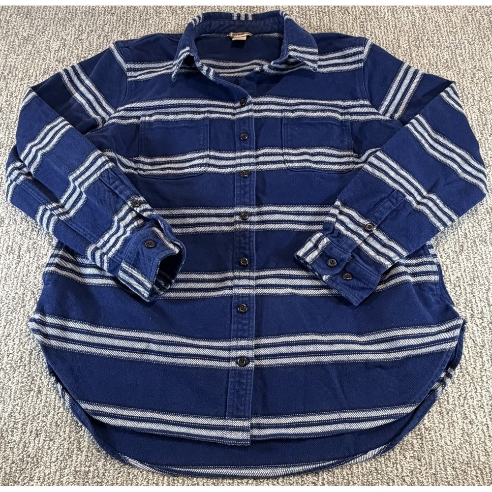 Duluth Trading Co Mens Blue Striped Heavy Flannel Button Shirt Shacket Size XL